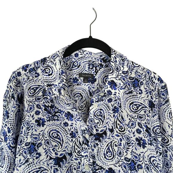 Talbots Women's Sz M Shirt Button Up Paisley White Blue Black Button Long Sleeve - Picture 2 of 7